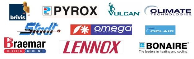 heater's brand logos of: Bonaire - Pyrox - Vulcan - Climate technologies - Stadt - Omega - Celair - Nraemar - Brivis - Lennox