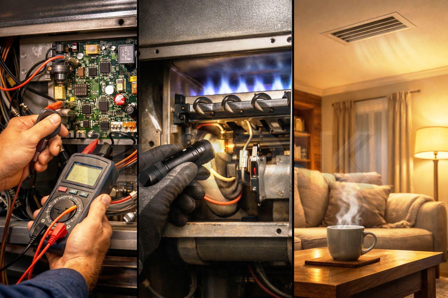 Check burner, combustion condition, measure voltages on pcb control module, duct and vent checks 